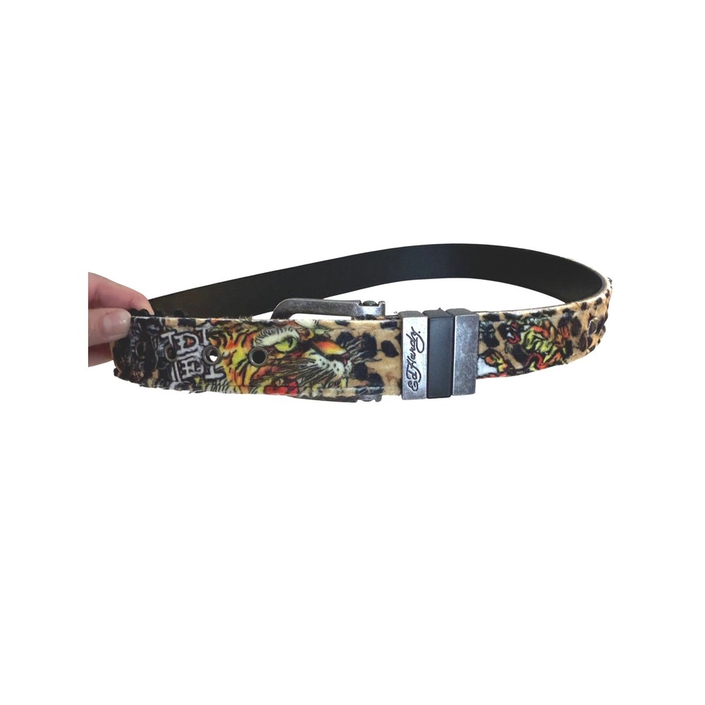 Ed Hardy Men's Multicolor Leopard Tattoo Studded Faux Fur Belt Size 34 New!